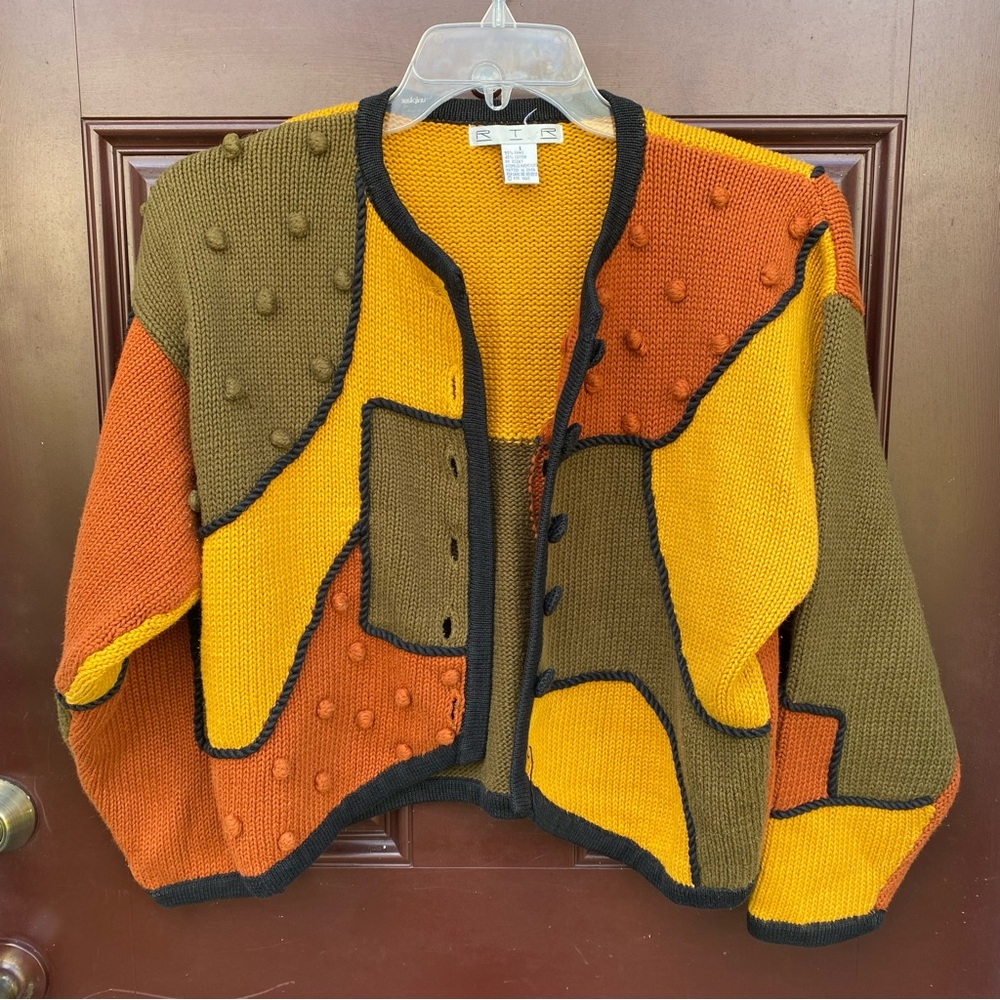 NWOT vtg RTR 1 abstract colorblock knit cardigan sweater Geometric orange yellow